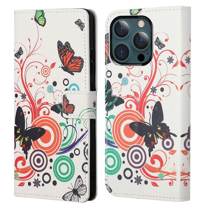 iPhone 13 Pro Max Phone Case - Leather Book Cover Image Series - Butterflies and Circles
