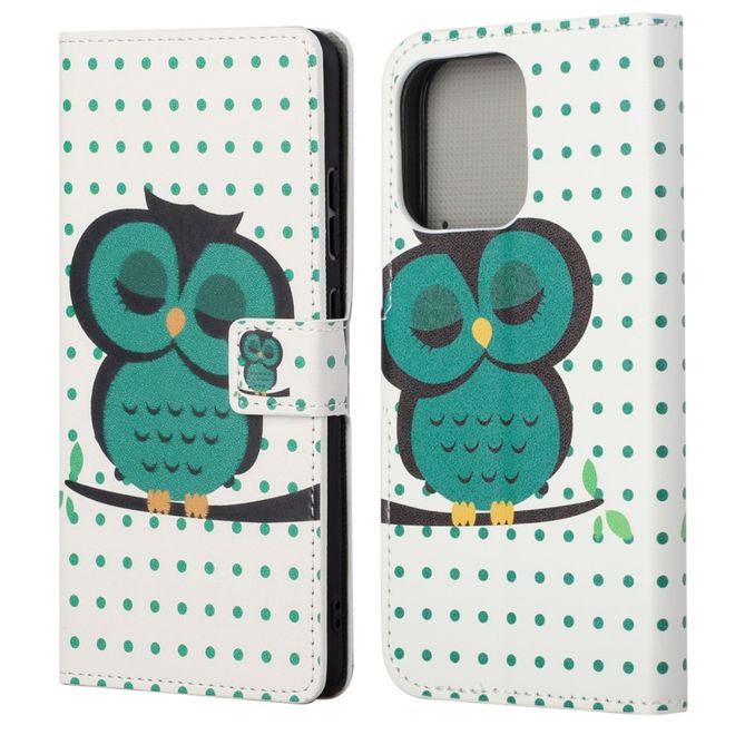 iPhone 13 Pro Phone Case - Leather Bookcover Image Series - Green Owl