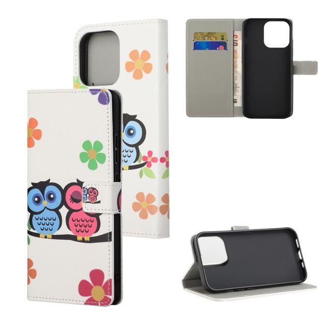 iPhone 13 Pro Phone Case - Leather Bookcover Image Series - Owl Couple