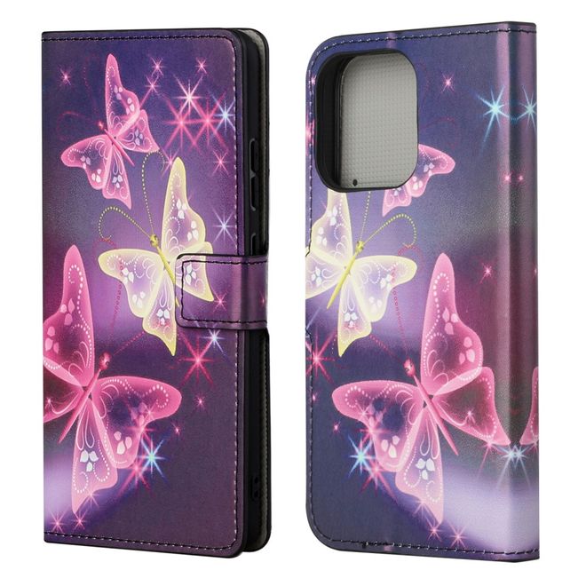 iPhone 13 Pro Handy Hülle - Leder Bookcover Image Series - leuchtende Schmetterlinge