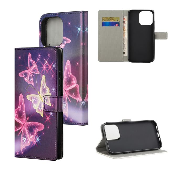 iPhone 13 Pro Handy Hülle - Leder Bookcover Image Series - leuchtende Schmetterlinge