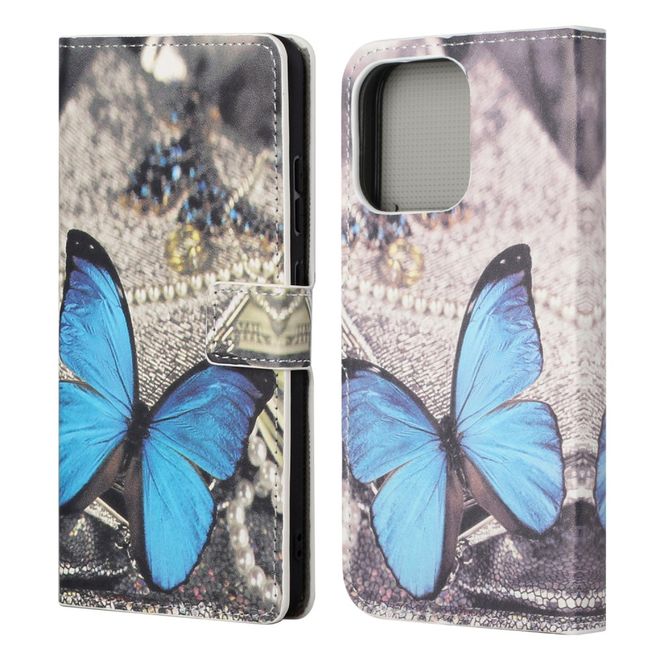 Étui pour iPhone 13 Pro - Collection Couverture Livre en Cuir - Papillon Bleu