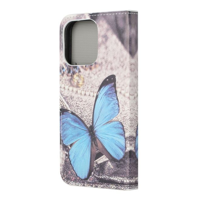 Étui pour iPhone 13 Pro - Collection Couverture Livre en Cuir - Papillon Bleu
