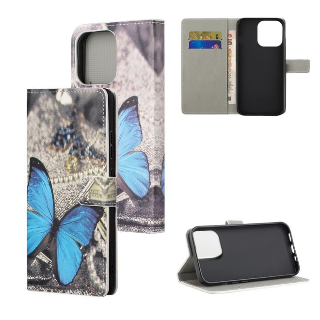 Étui pour iPhone 13 Pro - Collection Couverture Livre en Cuir - Papillon Bleu