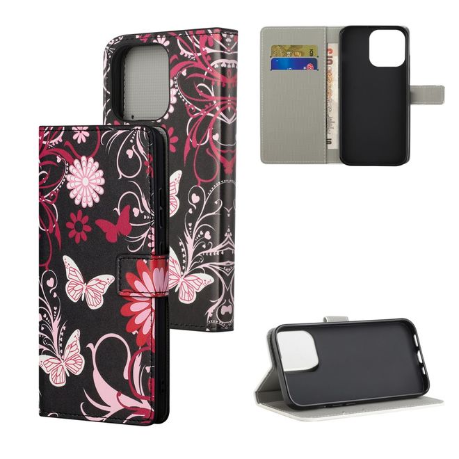 iPhone 13 Pro Phone Case - Leather Book Cover Image Series - Butterflies and Flowers