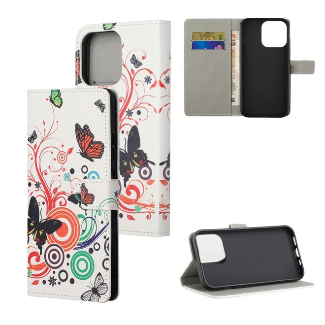 iPhone 13 Pro Handy Hülle - Leder Bookcover Image Series - Schmetterlinge und Kreise
