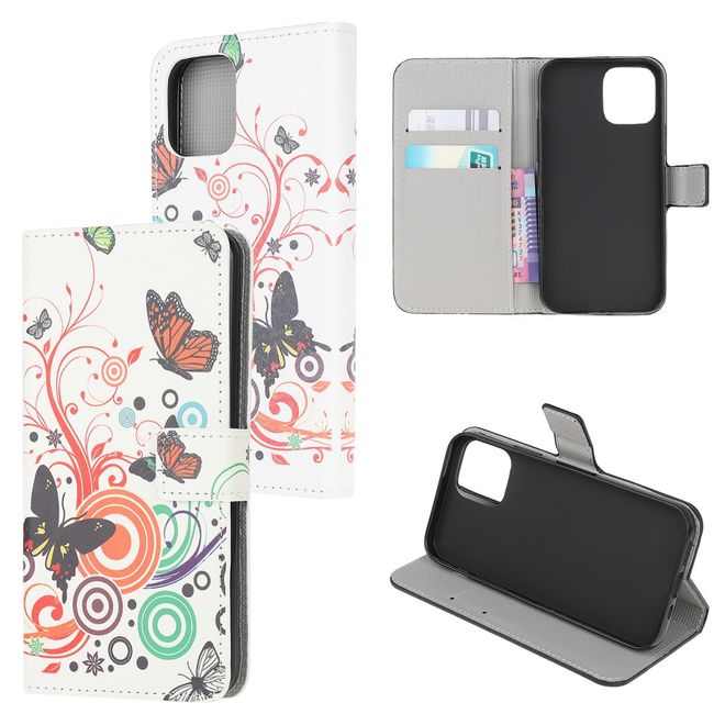 iPhone 13 mini Handy Hülle - Leder Bookcover Image Series - Schmetterlinge und Kreise