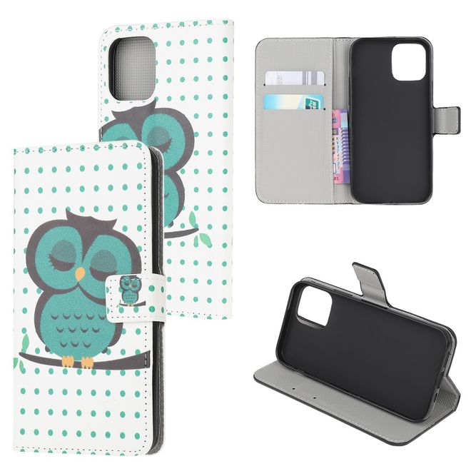 iPhone 13 mini phone case - Leather Bookcover Image Series - Green Owl