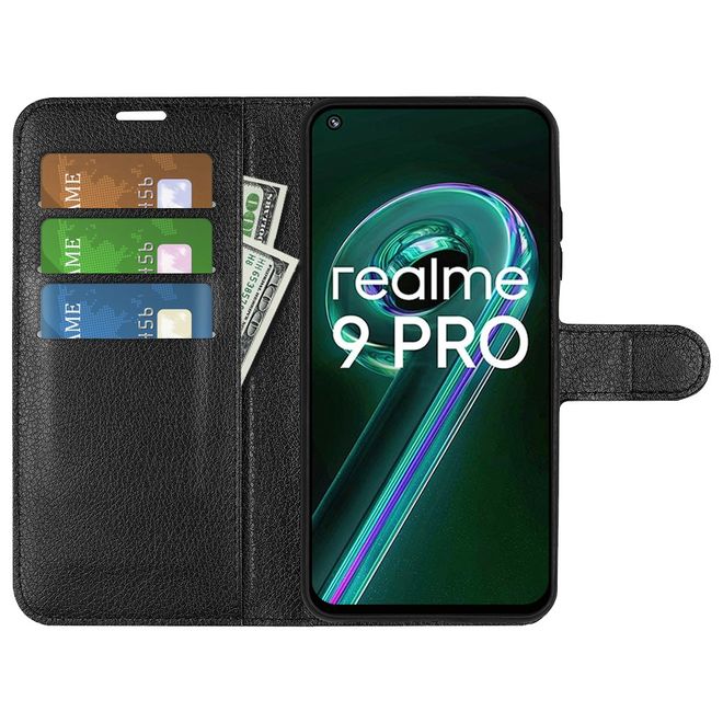 Realme 9 Pro Handy Hülle - Litchi Leder Bookcover Series - schwarz