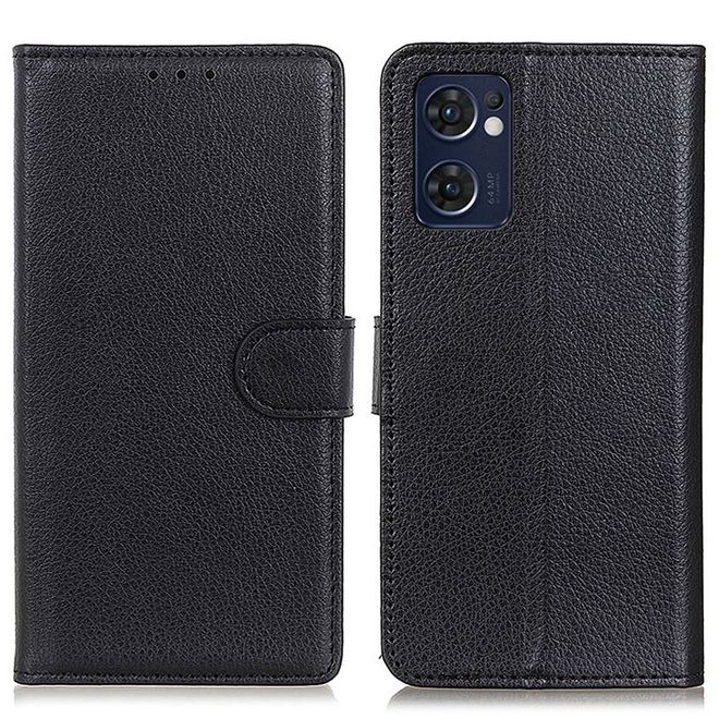 Oppo Reno7 5G Handy Hülle - Litchi Leder Bookcover Series - schwarz