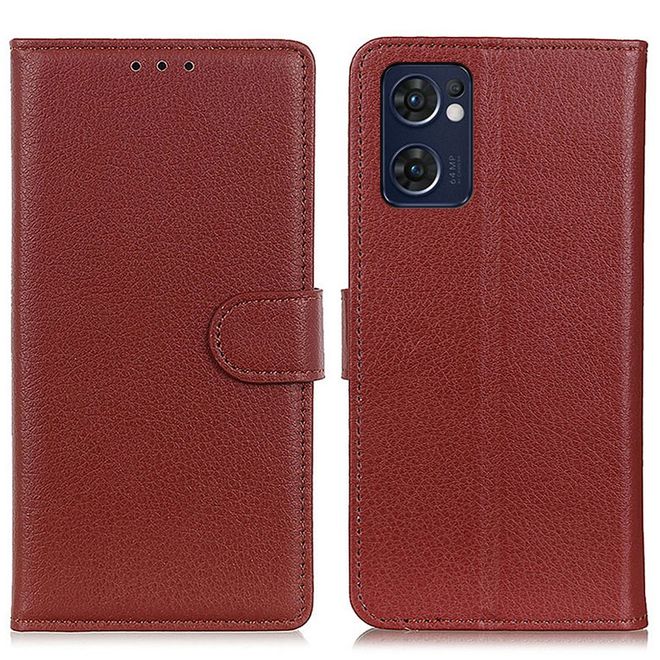 Oppo Reno7 5G Handy Hülle - Litchi Leder Bookcover Series - braun