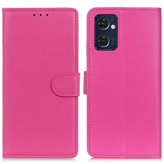 Oppo Reno7 5G Handy Hülle - Litchi Leder Bookcover Series - rosa
