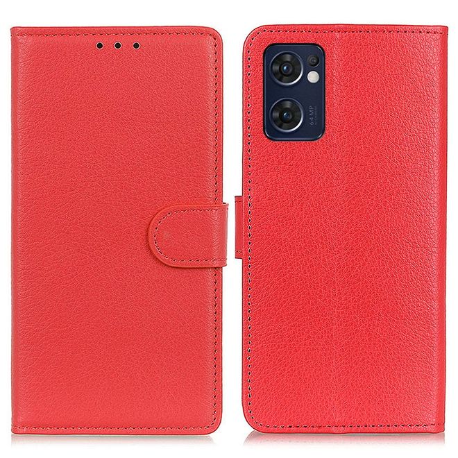 Oppo Reno7 5G Handy Hülle - Litchi Leder Bookcover Series - rot