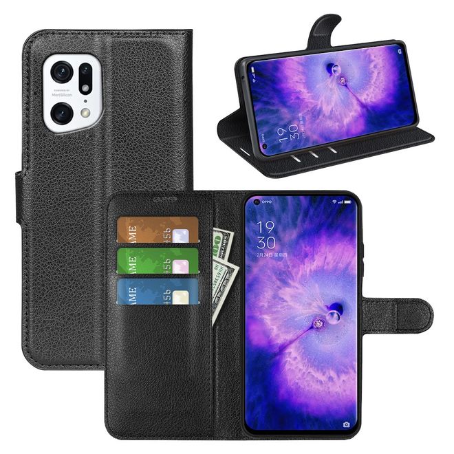 Oppo Find X5 Handy Hülle - Litchi Leder Bookcover Series - schwarz