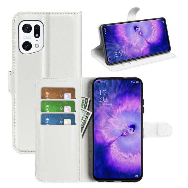Oppo Find X5 Handy Hülle - Litchi Leder Bookcover Series - weiss