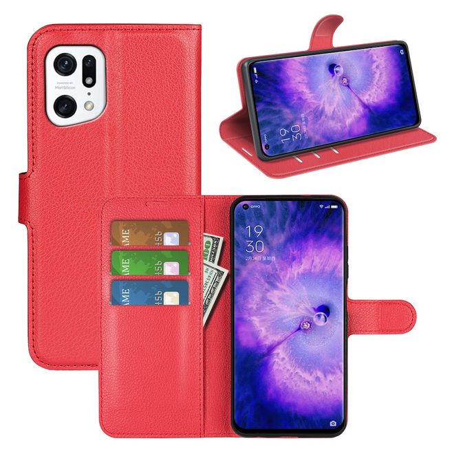 Oppo Find X5 Handy Hülle - Litchi Leder Bookcover Series - rot