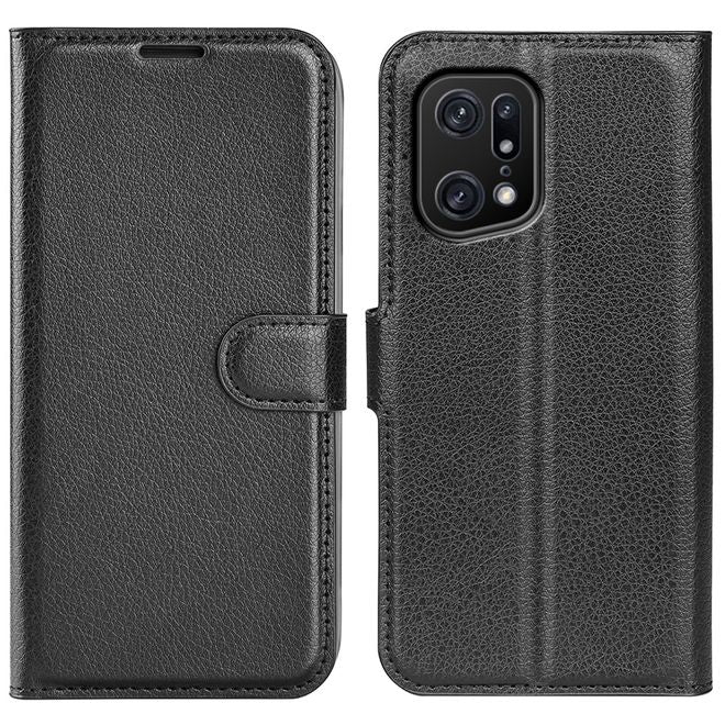 Oppo Find X5 Pro Handy Hülle - Litchi Leder Bookcover Series - schwarz