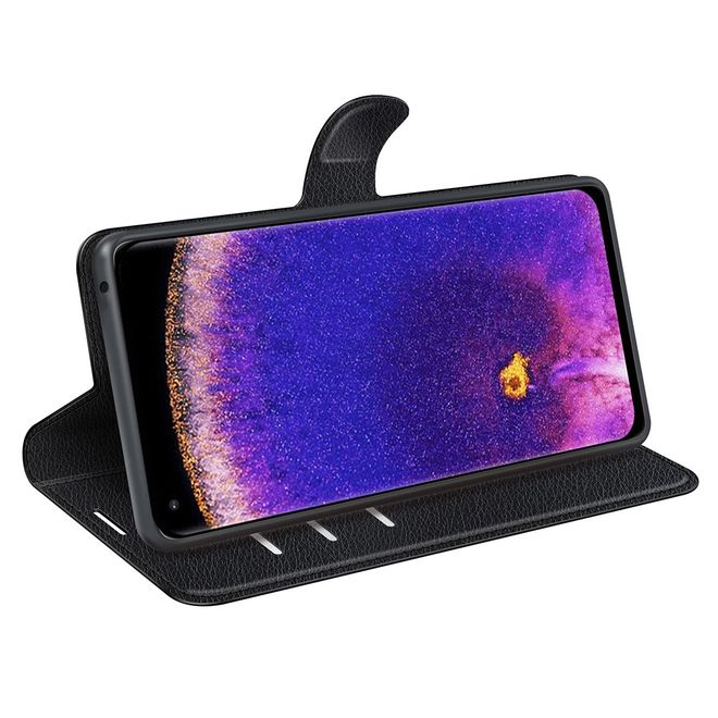 Oppo Find X5 Pro Handy Hülle - Litchi Leder Bookcover Series - schwarz