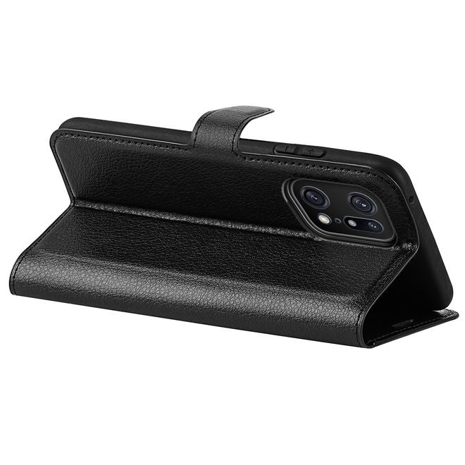 Oppo Find X5 Pro Handy Hülle - Litchi Leder Bookcover Series - schwarz