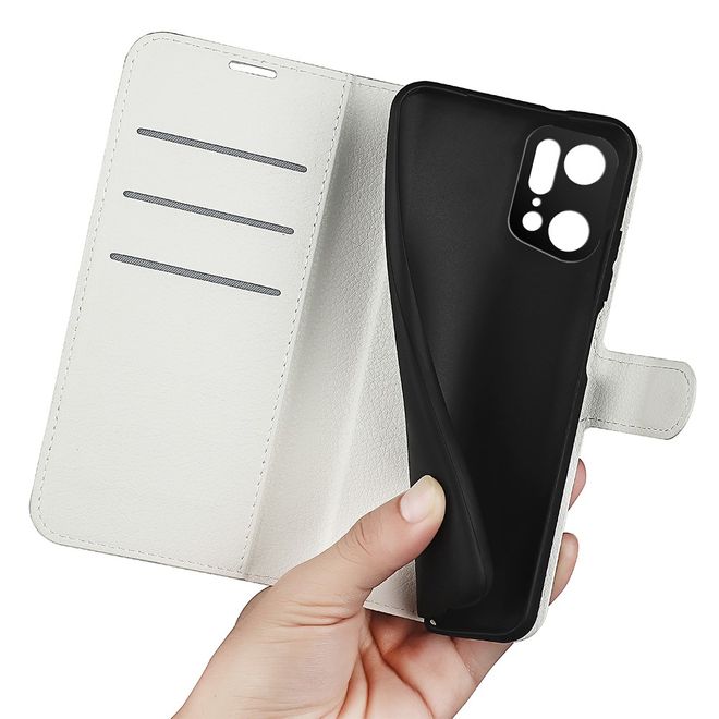 Oppo Find X5 Pro Handy Hülle - Litchi Leder Bookcover Series - weiss