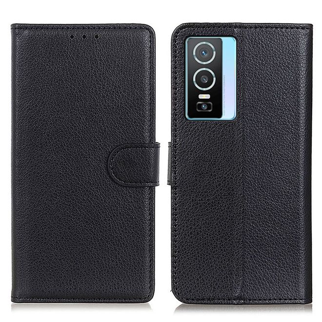 Vivo Y76 5G / Y76s Handy Hülle - Litchi Leder Bookcover Series - schwarz