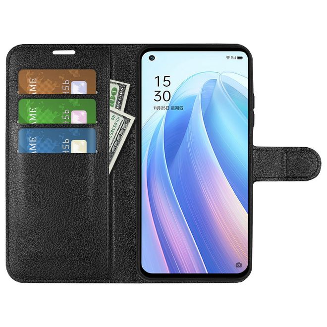 Oppo Reno7 Pro 5G Handy Hülle - Litchi Leder Bookcover Series - schwarz
