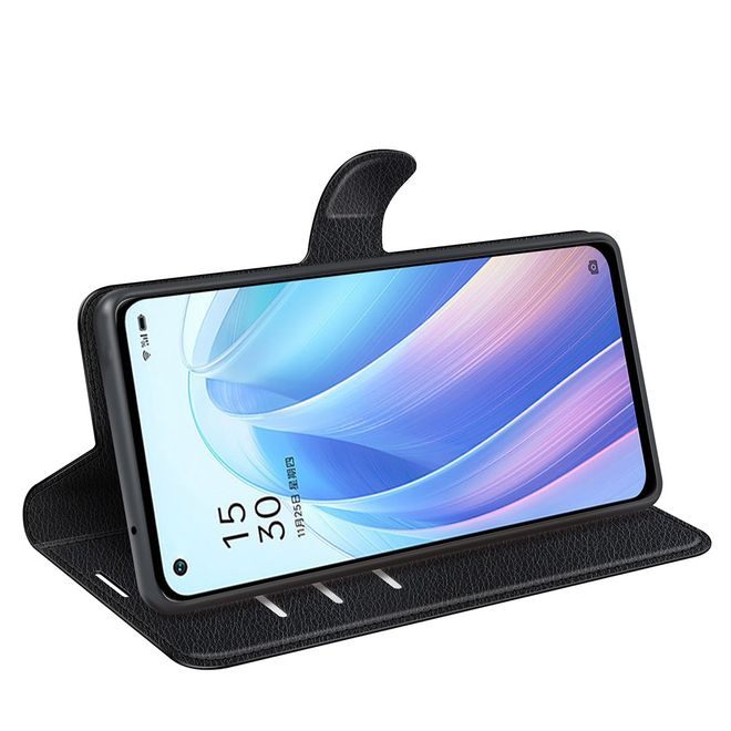 Oppo Reno7 Pro 5G Handy Hülle - Litchi Leder Bookcover Series - schwarz