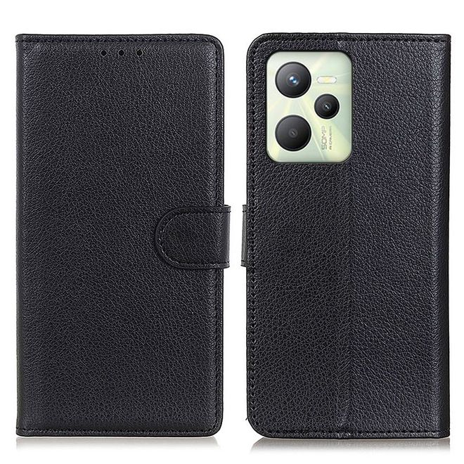 Realme C35 Handy Hülle - Litchi Leder Bookcover Series - schwarz
