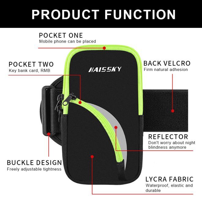 Universal Sport Armband für Smartphones bis 6.5" + 1 Extrafach - RB001 Series - schwarz/grün