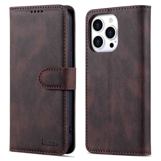 AZNS - iPhone 14 Pro Max Hülle - Retro Leder Bookcover - braun