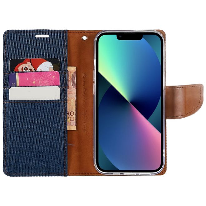 Goospery - iPhone 14 Plus Hülle - Bookcover - Canvas Diary Series - dunkelblau