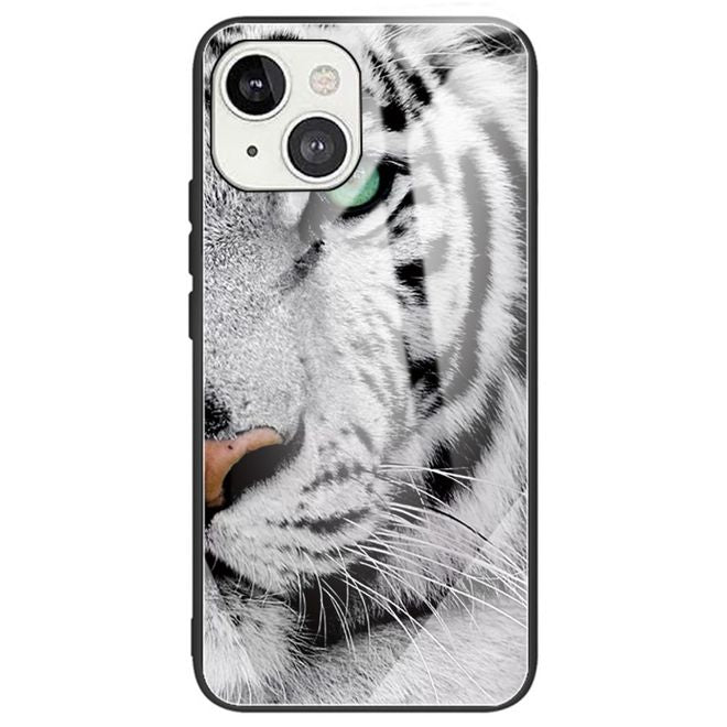 iPhone 14 Plus Hülle - Gehärtetes Glas Hardcase mit Soft TPU Ränder - Tigerkopf