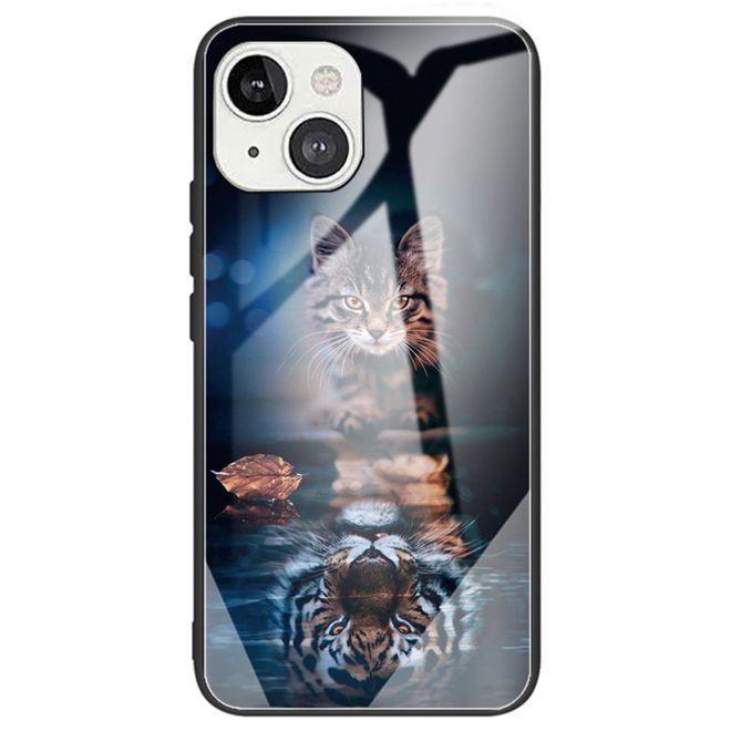 iPhone 14 Plus Case - Tempered Glass Hard Case with Soft TPU Edges - Tiger and Cat