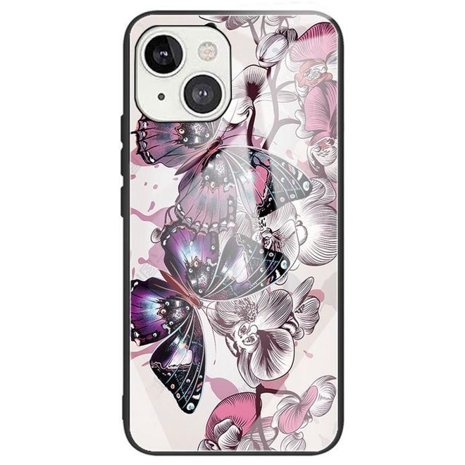iPhone 14 Plus Hülle - Gehärtetes Glas Hardcase mit Soft TPU Ränder - Schmetterlinge