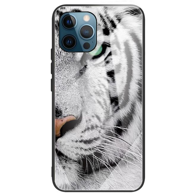 Coque pour iPhone 14 Pro Max - Coque rigide en verre trempé avec bords souples en TPU - Motif tête de tigre