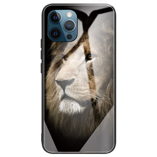 iPhone 14 Pro Max Hülle - Gehärtetes Glas Hardcase mit Soft TPU Ränder - Löwe