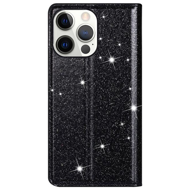 iPhone 14 Pro Hülle - Glitzerndes Leder Bookcover - Glitter Sequins Stand Series - schwarz