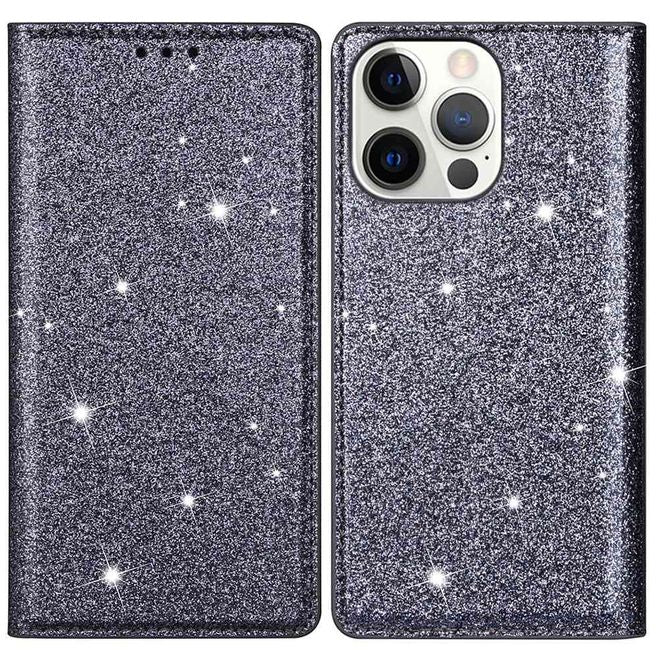 iPhone 14 Pro Hülle - Glitzerndes Leder Bookcover - Glitter Sequins Stand Series - grau