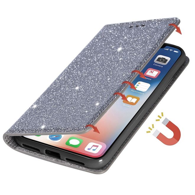 iPhone 14 Pro Hülle - Glitzerndes Leder Bookcover - Glitter Sequins Stand Series - grau