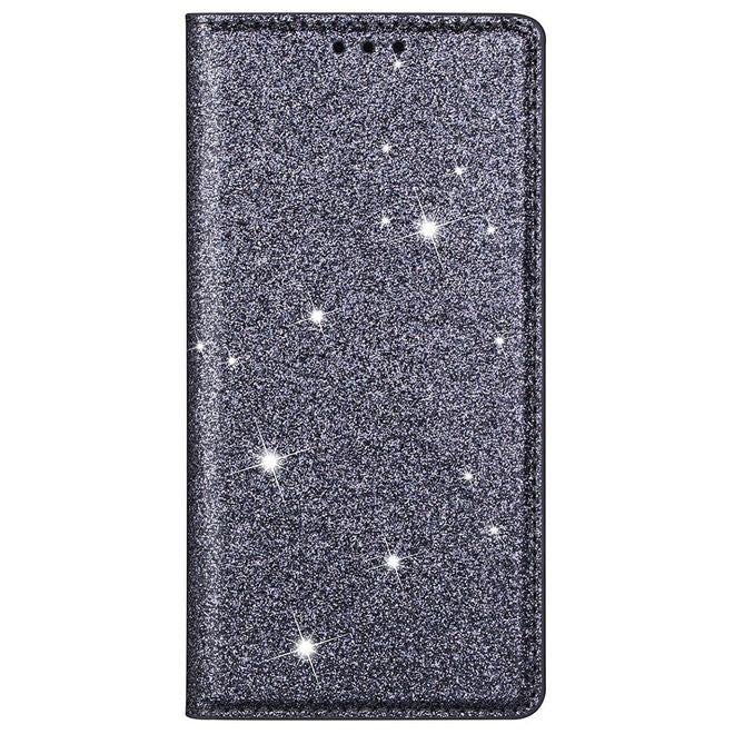 iPhone 14 Pro Hülle - Glitzerndes Leder Bookcover - Glitter Sequins Stand Series - grau
