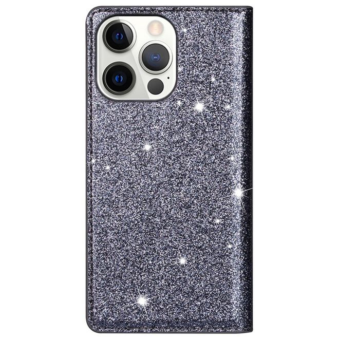 iPhone 14 Pro Hülle - Glitzerndes Leder Bookcover - Glitter Sequins Stand Series - grau