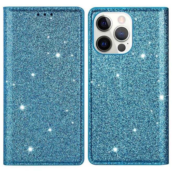 iPhone 14 Pro Hülle - Glitzerndes Leder Bookcover - Glitter Sequins Stand Series - blau