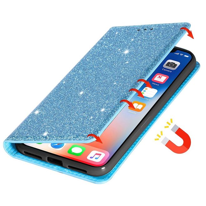 iPhone 14 Pro Hülle - Glitzerndes Leder Bookcover - Glitter Sequins Stand Series - blau