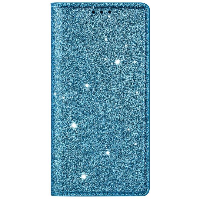 iPhone 14 Pro Hülle - Glitzerndes Leder Bookcover - Glitter Sequins Stand Series - blau