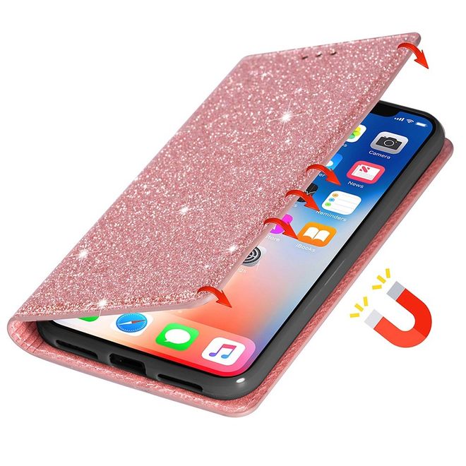iPhone 14 Pro Hülle - Glitzerndes Leder Bookcover - Glitter Sequins Stand Series - rosegold