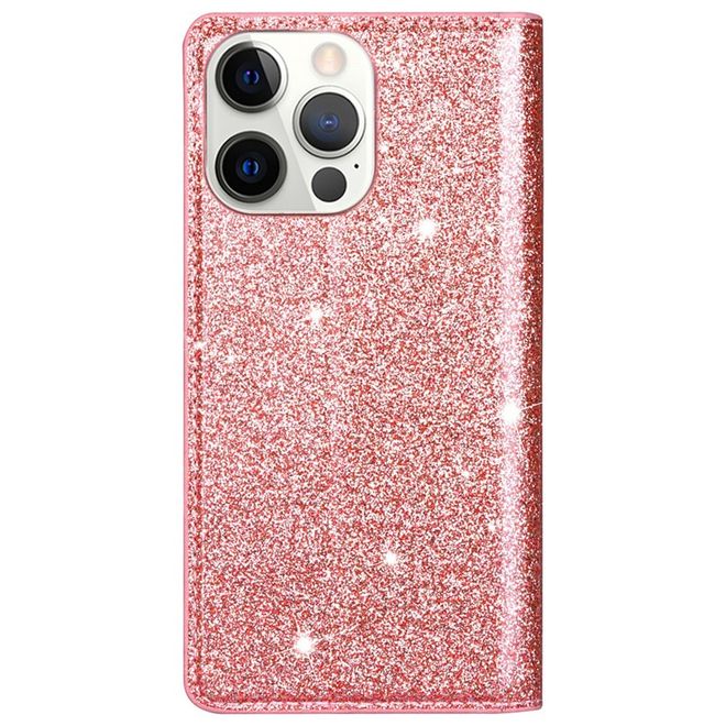iPhone 14 Pro Hülle - Glitzerndes Leder Bookcover - Glitter Sequins Stand Series - rosegold