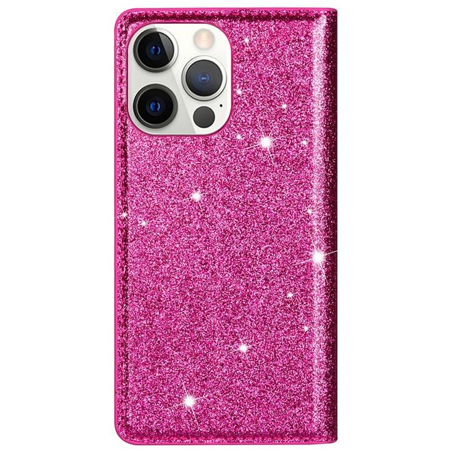 iPhone 14 Pro Hülle - Glitzerndes Leder Bookcover - Glitter Sequins Stand Series - pink