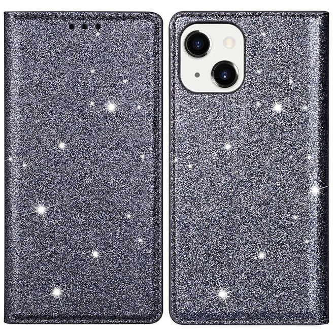 Étui pour iPhone 14 Plus - Couverture livre en cuir pailleté - Collection Support à sequins - Gris
