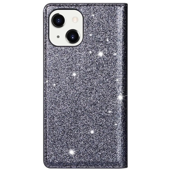 Étui pour iPhone 14 Plus - Couverture livre en cuir pailleté - Collection Support à sequins - Gris