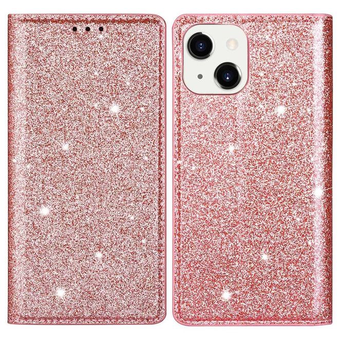iPhone 14 Plus Case - Glittering Leather Book Cover - Glitter Sequins Stand Series - Rose Gold